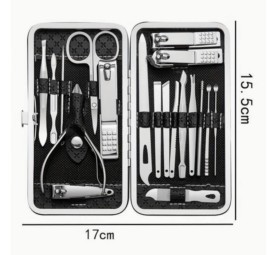 Allernieuwste.nl® 19-Delige Manicure Set Pedicure Set RVS - Professionele Verzorgingsset Manicureset Reisnagelset - Roestvrijstaal 19 delig met Etui %%