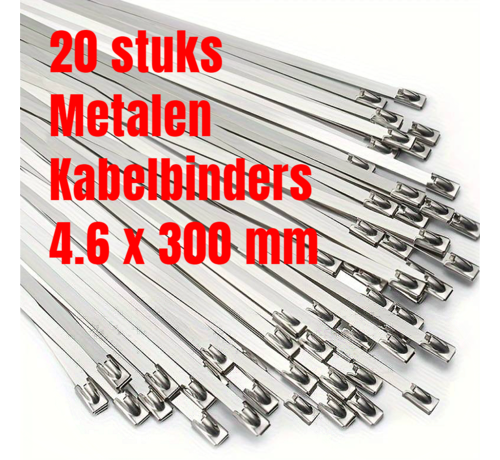 Allernieuwste.nl Allernieuwste.nl® 20 STUKS RVS Metalen Kabelbinders Tie Wraps Tyraps 4.6 x 300 mm - max 90 kg Trekkracht - Binnen en Buiten - Waterafsotend UV- Roest- en Chemisch Bestendig - 4.6 x 300mm - 20 Stuks %%