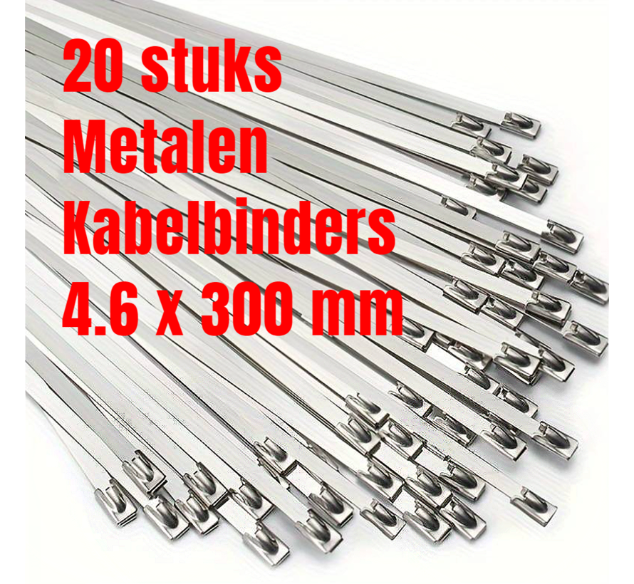 Allernieuwste.nl® 20 STUKS RVS Metalen Kabelbinders Tie Wraps Tyraps 4.6 x 300 mm - max 90 kg Trekkracht - Binnen en Buiten - Waterafsotend UV- Roest- en Chemisch Bestendig - 4.6 x 300mm - 20 Stuks %%