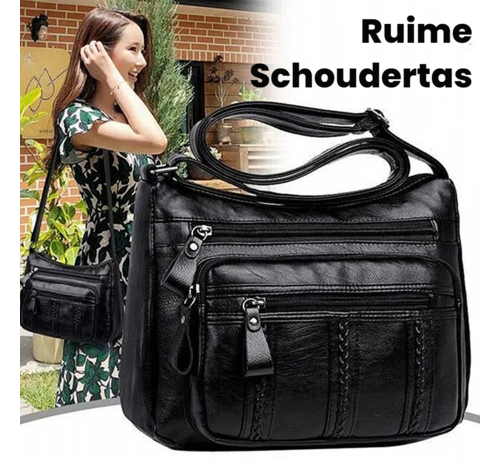 LaGloss® Lagloss® Design Schoudertas / Crossbody Tas met 3 Ritssluitingen - Modetas - 29 x21 x 11 cm - Kleur Zwart