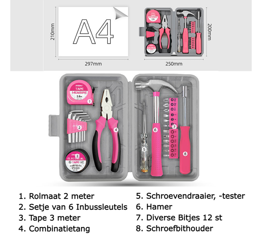 Allernieuwste.nl® 24-delige Gereedschapsset voor Dames in Rose Kleur - Klus Gereedschap voor Vrouwen voor in huis - Doe Het Zelf Gereedschap - Rose - 24 Delen