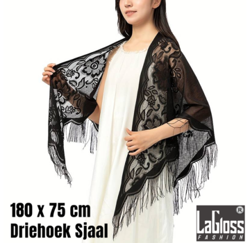 LaGloss® Dames Driehoek Omslagdoek met Franjes- ZWART - 180 x 75 cm