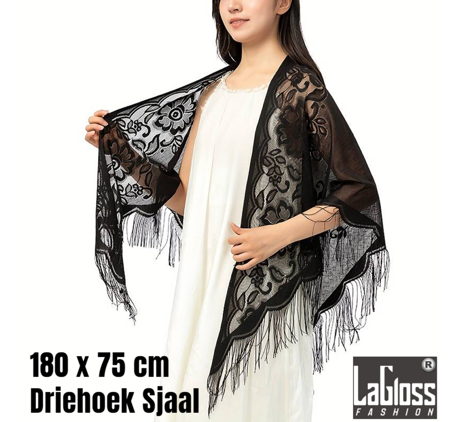 LaGloss® Sjaal Dames Omslagdoek ZWART Franjes Driehoek Sjaal - Lente Zomer Strand Weekend Casual Feestelijk Avondjurk Stola Metallic Zwart - 180 x 75 cm %%