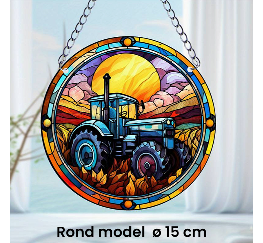 Allernieuwste.nl® Raamhanger Raamdecoratie Tractor Boerenbedrijf - Kleurige Zonnevanger Rond Acryl met Ketting - Boer - Suncatcher Rond model 15 cm %%