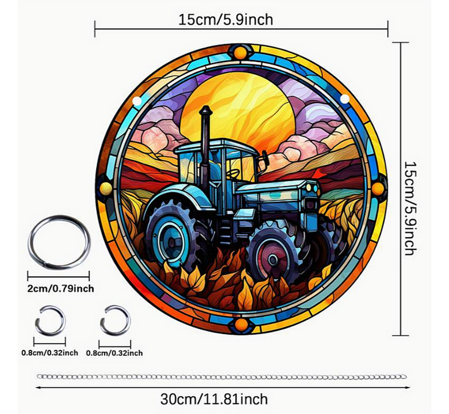 Allernieuwste.nl® Raamhanger Raamdecoratie Tractor Boerenbedrijf - Kleurige Zonnevanger Rond Acryl met Ketting - Boer - Suncatcher Rond model 15 cm %%