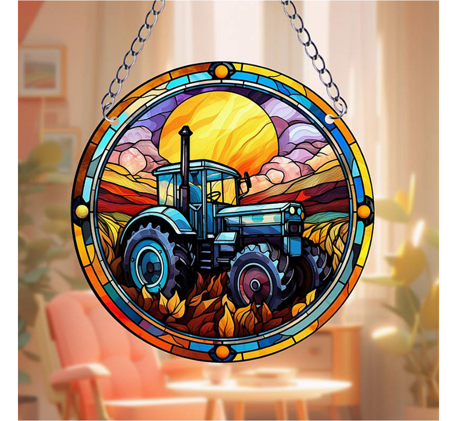 Allernieuwste.nl® Raamhanger Raamdecoratie Tractor Boerenbedrijf - Kleurige Zonnevanger Rond Acryl met Ketting - Boer - Suncatcher Rond model 15 cm %%