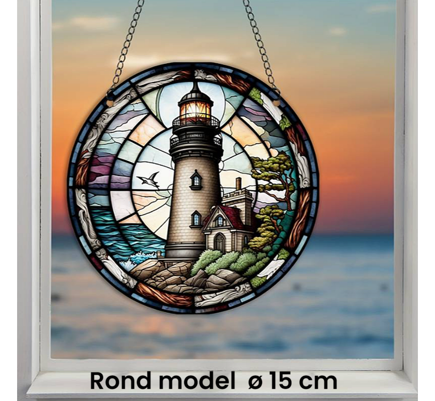 Allernieuwste.nl® Raamhanger Raamdecoratie Vuurtoren - Kleurige Zonnevanger Rond Acryl met Ketting - Natuur - Suncatcher Rond model 15 cm %%