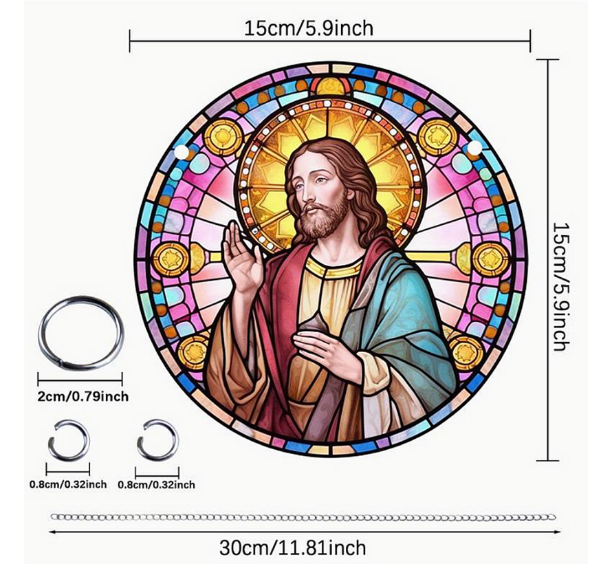 Allernieuwste.nl® Raamhanger Raamdecoratie Jezus Christus - Kleurige Zonnevanger Rond Acryl met Ketting - Jezus de Messias - Suncatcher Rond model 15 cm %%