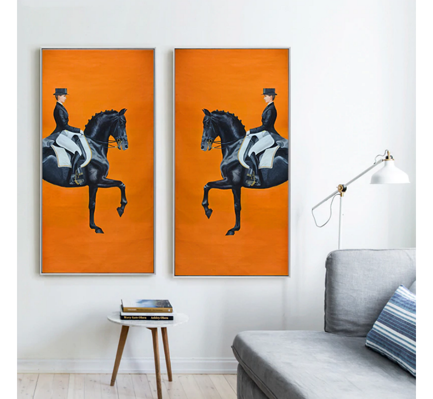 Allernieuwste.nl® 2-Delig Canvas Schilderij Oranje Dressuur Paarden - Modern - Sport - Poster - Set 2x: 40 x 80 cm - Kleur