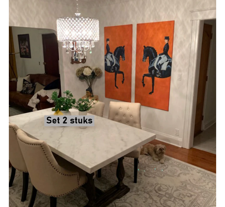 Allernieuwste.nl® 2-Delig Canvas Schilderij Oranje Dressuur Paarden - Modern - Sport - Poster - Set 2x: 40 x 80 cm - Kleur