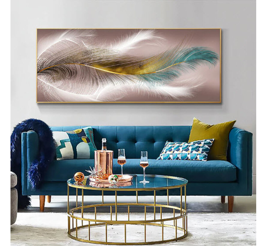Allernieuwste.nl® Canvas Schilderij Luxe Veren Goud - Wit - Blauw - Moderne Kunst - Poster - 50 x 125 cm - Kleur