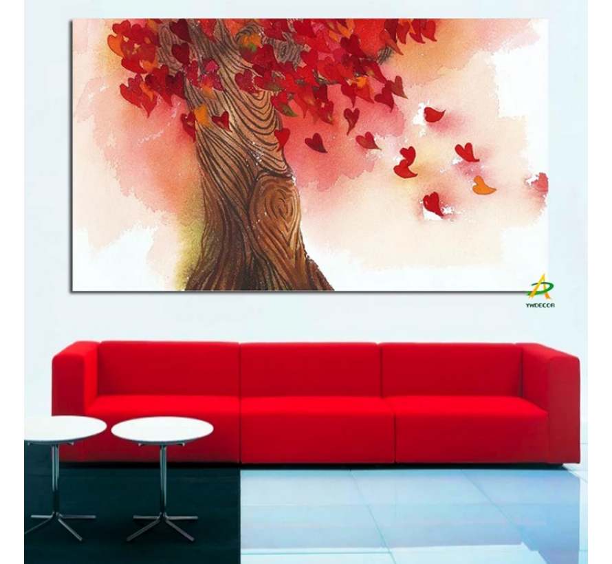 Allernieuwste.nl® Canvas Schilderij * Liefdesboom met Hartjes * - Romantisch Pop Graffiti - Kleur - 40 x 80 cm