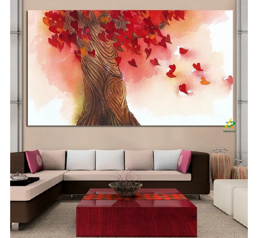 Allernieuwste.nl® Canvas Schilderij * Liefdesboom met Hartjes * - Romantisch Pop Graffiti - Kleur - 40 x 80 cm