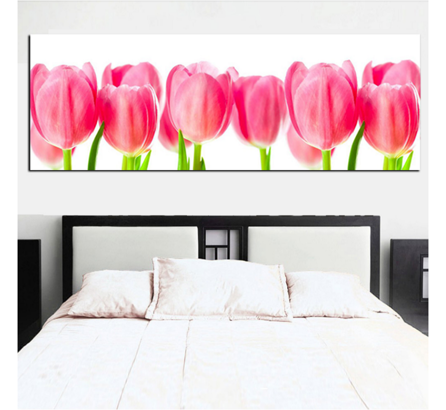 Allernieuwste.nl® Canvas Schilderij * Rose Tulpen Pink Tulips * - Natuur Bloemen - XL formaat - Kleur - 50 x 150 cm