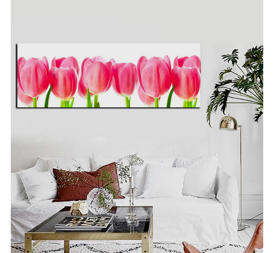 Allernieuwste.nl® Canvas Schilderij * Rose Tulpen Pink Tulips * - Natuur Bloemen - XL formaat - Kleur - 50 x 150 cm