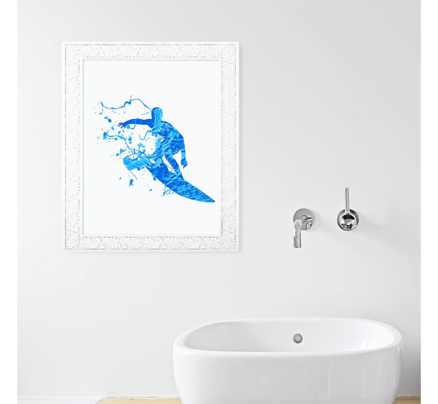 Allernieuwste.nl® Canvas Schilderij * Aquarel Surfer in Blue * - Surfsport - Aquarel Print - Kleur - 50 x 70 cm