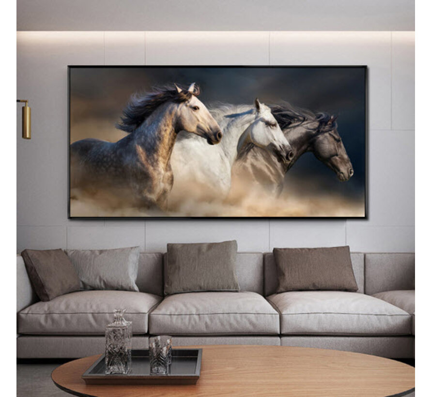 Allernieuwste.nl® Canvas Schilderij 3 Galopperende Paarden - Kunst - Graffiti - Dieren - 140 x 70 cm - Kleur