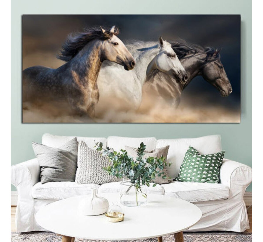 Allernieuwste.nl® Canvas Schilderij 3 Galopperende Paarden - Kunst - Graffiti - Dieren - 140 x 70 cm - Kleur