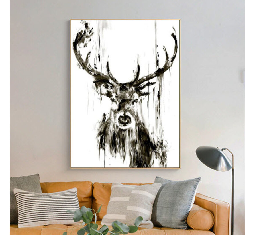 Allernieuwste.nl® Canvas Schilderij Abstract Edelhert - Kunst - Poster - Natuur - Dieren - 40 x 60 cm - Zwart Wit