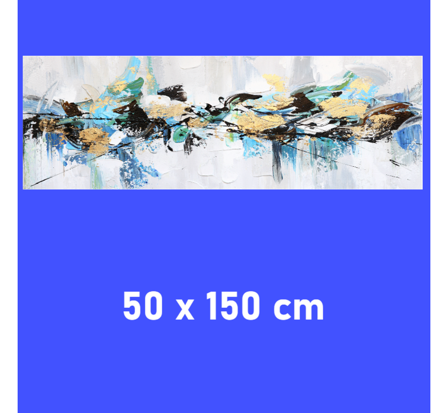 Allernieuwste.nl® Canvas Schilderij Blauw - Goud Abstracte Vormen 1 - Kunst - Poster - 50 x 150 cm - Kleur