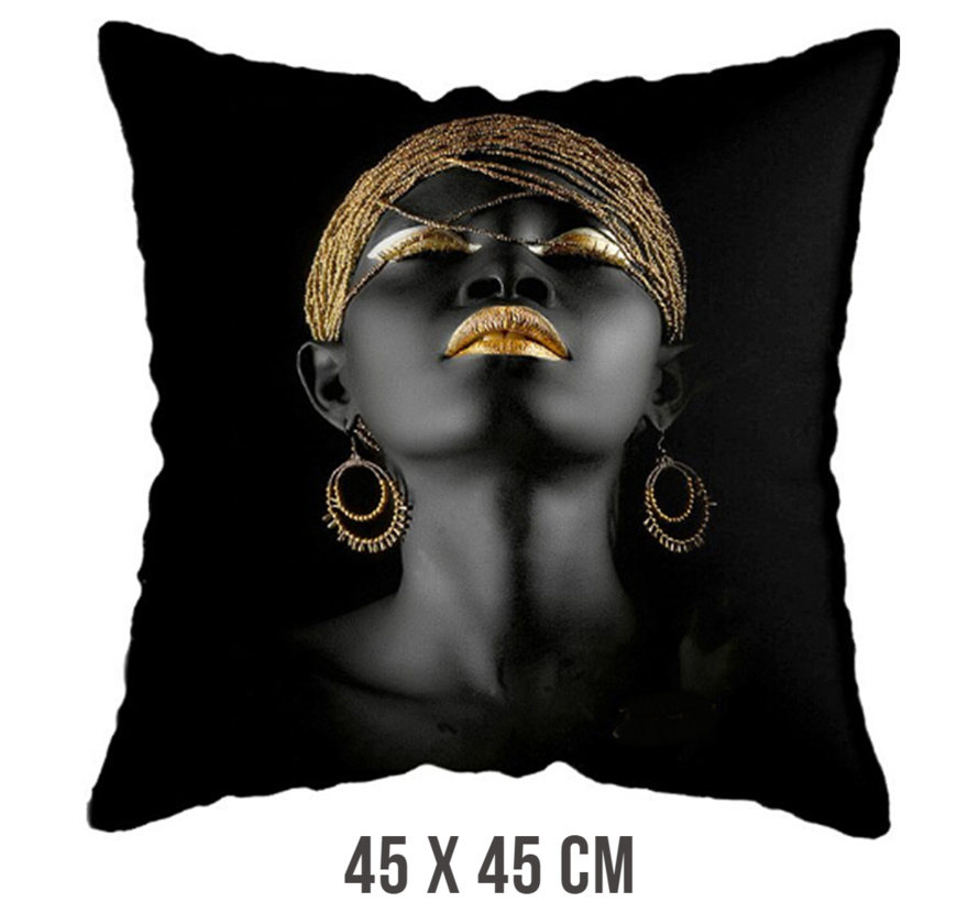 Allernieuwste.nl® Kussen Afrikaanse Vrouw met Gouden Sieraden - Kussenhoes polyester peach skin Perzikhuid - Kussenovertrek - Kleur Zwart Goud 45 x 45 cm