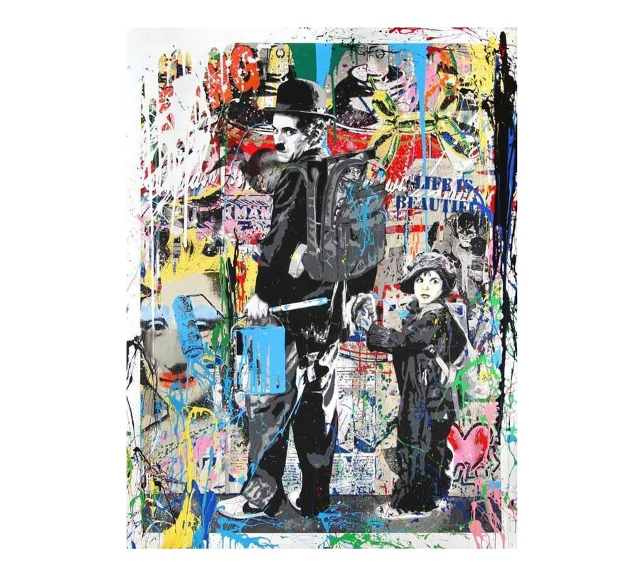 Allernieuwste.nl® Canvas Schilderij Charlie Chaplin The Kid Graffiti Art - Poster - Reproductie - 50 x 75 cm - Kleur