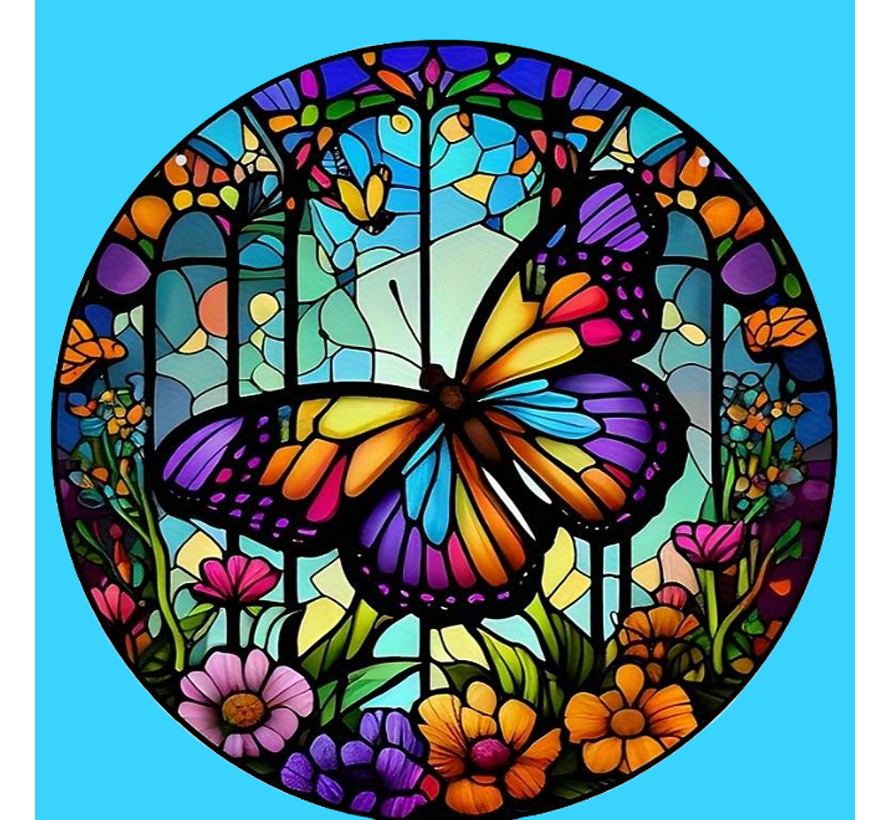 Allernieuwste.nl® Raamhanger Raamdecoratie Kleurrijke Vlinder - Kleurige Zonnevanger Rond Acryl met Ketting - Suncatcher Rond model 15 cm %%