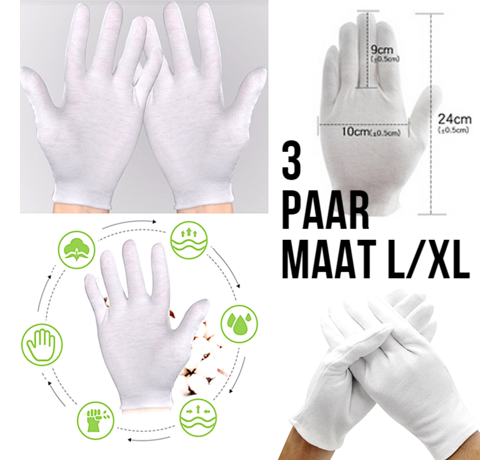 Allernieuwste.nl Allernieuwste.nl® 3 Paar Witte 100% Katoenen Handschoenen Munten Sieraden Zilver Goud Inspectie - Niet Pluizend - MAAT L/XL