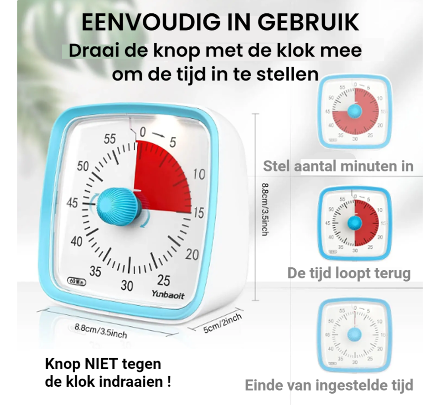 Allernieuwste.nl® Visuele Afteltimer Countdown Timer Tijdklok 60 Minuten Tijdmanagement Tool - Leerklok Kind, School, Thuis, Keuken, Kantoor- Stille Timer Met Nachtlampje - Blauw Rood