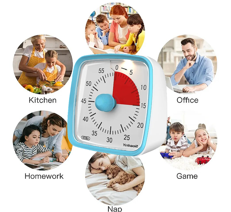 Allernieuwste.nl® Visuele Afteltimer Countdown Timer Tijdklok 60 Minuten Tijdmanagement Tool - Leerklok Kind, School, Thuis, Keuken, Kantoor- Stille Timer Met Nachtlampje - Blauw Rood