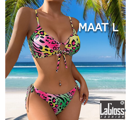LaGloss LaGloss® Neon Panter print Bikini- zomer - beach swimsuit - strand bikini zwembad - 2-delig  - Maat L  %%