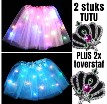 Allernieuwste.nl 2st Tutu Kinder Rokje + Gekleurde Lichtjes + 2st Toverstaf - Roze en Blauw