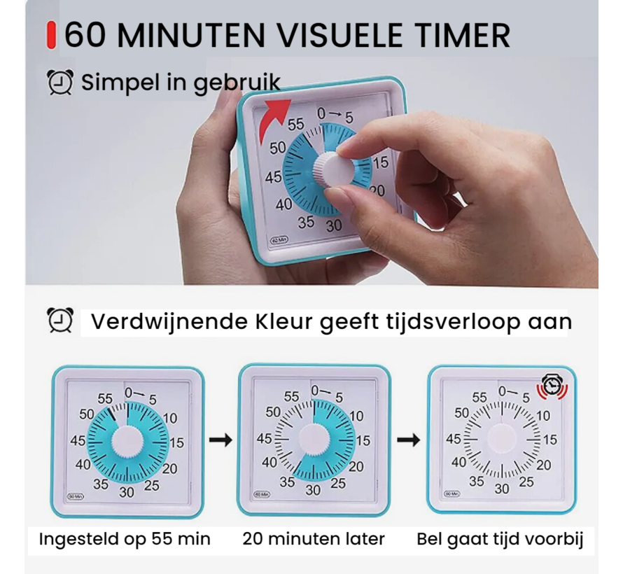 Allernieuwste.nl® Visuele Afteltimer Countdown Timer Tijdklok 60 Minuten Tijdmanagement Tool - Leerklok Kind, School, Thuis, Keuken, Kantoor- Stille Timer Met Nachtlampje - Wit Rood
