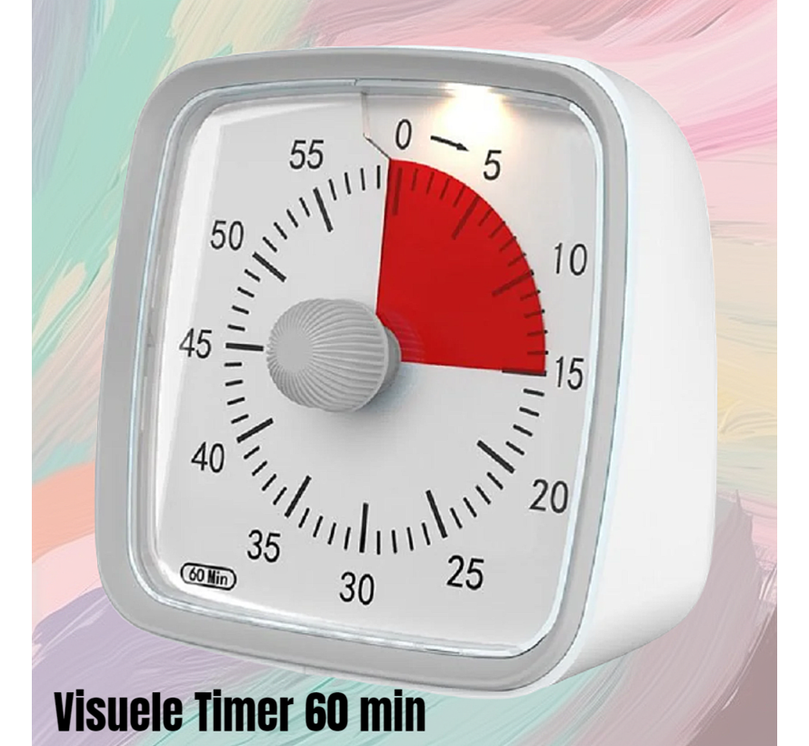 Allernieuwste.nl® Visuele Afteltimer Countdown Timer Tijdklok 60 Minuten Tijdmanagement Tool - Leerklok Kind, School, Thuis, Keuken, Kantoor- Stille Timer Met Nachtlampje - Wit Rood