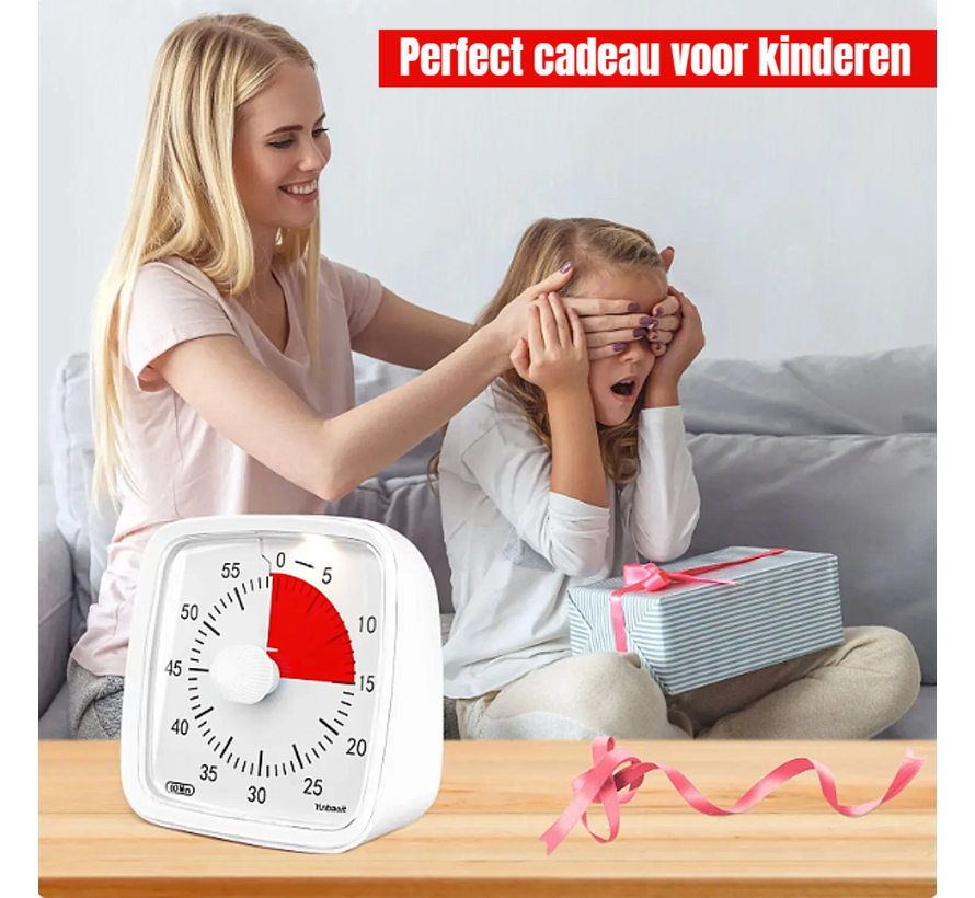 Allernieuwste.nl® Visuele Afteltimer Countdown Timer Tijdklok 60 Minuten Tijdmanagement Tool - Leerklok Kind, School, Thuis, Keuken, Kantoor- Stille Timer Met Nachtlampje - Wit Rood