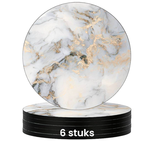 Allernieuwste.nl Allernieuwste.nl® Luxe SET 6 Stuks Marmer Onderzetters voor Glazen Goud Wit - Coasters - Rubber Rond 10 cm Goud-Wit - 6 Stuks %%