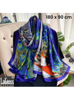 LaGloss Luxe XL Blauwe Bohemian Sjaal met Pauw - 180 x 90 cm