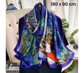 LaGloss Luxe XL Blauwe Bohemian Sjaal met Pauw - 180 x 90 cm