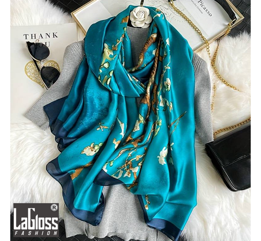 LaGloss® Luxe XL Bohemian Sjaal Turquoise Lentebloesem - Winddicht & Zonbeschermend - Groen / Blauw Kleurblok - 180 x 85 cm %%