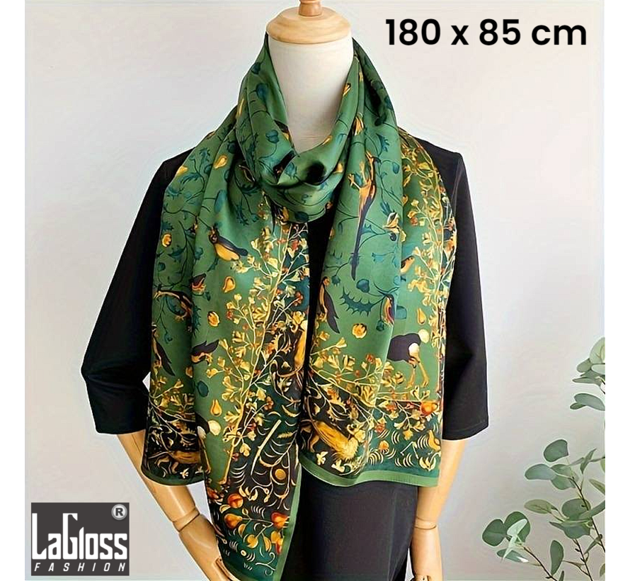 LaGloss® Luxe XL Bohemian Sjaal Groene Vogels - Winddicht & Zonbeschermend - Groen Kleurblok - 180 x 85 cm %%