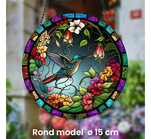 Allernieuwste.nl Allernieuwste.nl® Raamhanger Raamdecoratie Kolibrie Bloemen - Kleurige Zonnevanger Rond Acryl met Ketting - Vogels - Glas in Lood Suncatcher Rond model 15 cm %%