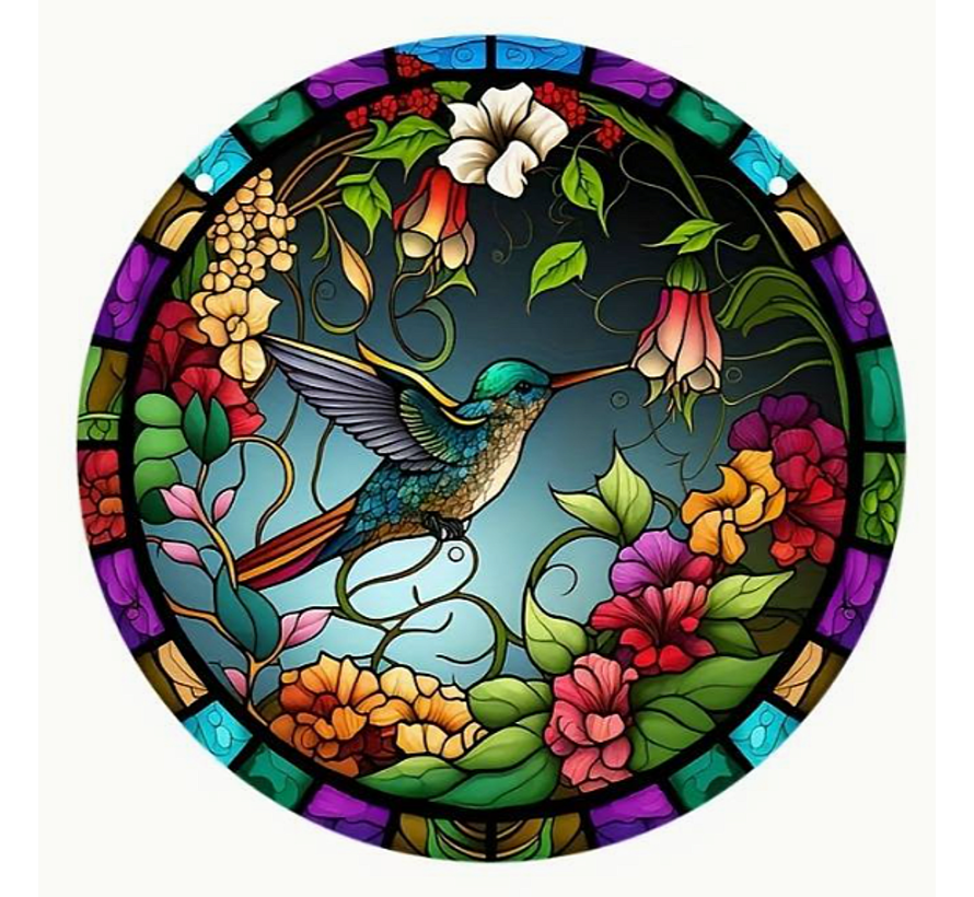 Allernieuwste.nl® Raamhanger Raamdecoratie Kolibrie Bloemen - Kleurige Zonnevanger Rond Acryl met Ketting - Vogels - Glas in Lood Suncatcher Rond model 15 cm %%