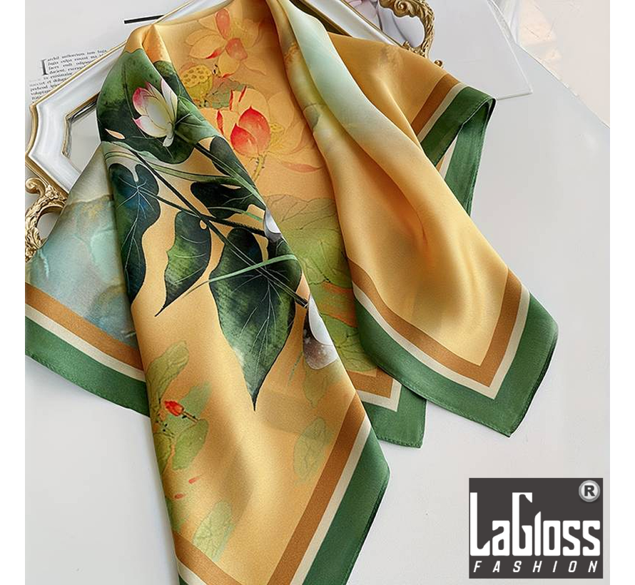 LaGloss® Luxe Vintage Lotusbloem Sjaal  - Winddicht & Zonbeschermend - Hoofddoek - Haar accessoire - Groen Geel Kleurblok - Vierkant - 70 x 70 cm %%