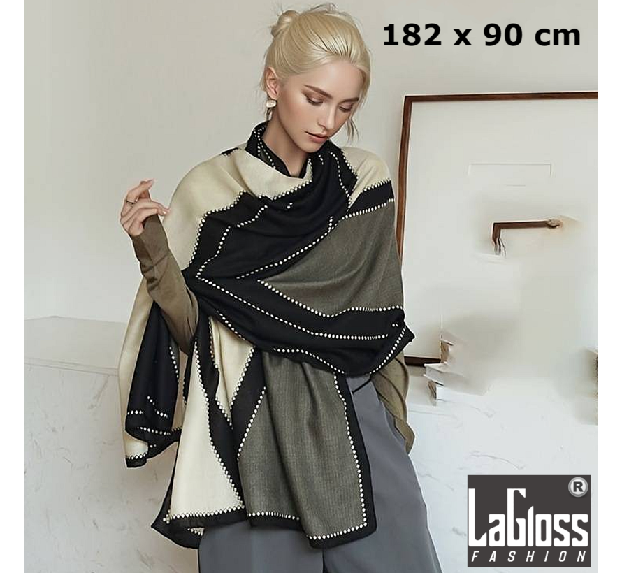 LaGloss® Luxe XL Sjaal Geometrisch Zwart/Beige - Winddicht & Zonbeschermend - Zwart Wit Kleurblok - Omslagdoek - 182 x 90cm