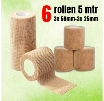 Allernieuwste.nl 6 Rollen Zelfklevend Verband - 3 Rol 50mm en 3 Rol 25mm - Beige