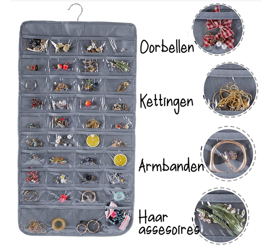 Allernieuwste.nl® Sieraden Organizer Dubbelzijdig Opbergsysteem Hanger - 2x 40 vakjes Oorbellen Kettingen Juwelen - 80 vaks Kleur Grijs