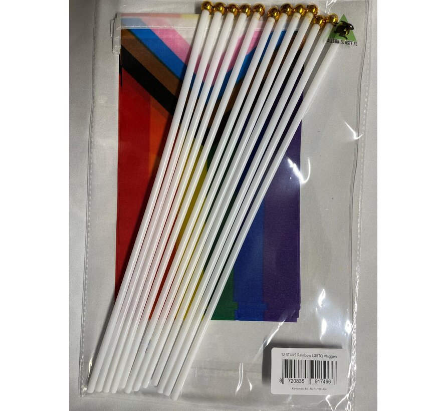 Allernieuwste.nl® 12 STUKS Regenboog LGBT+ Intersekse Vlaggen met Stok - LGBTQ Progress Pride Rainbow Vlag 21 x 14 cm stok 30 cm Handvlaggen - 14x21cm 12 STUKS