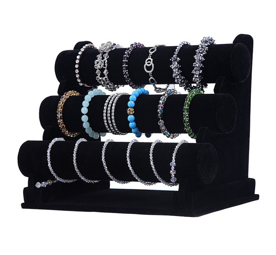 Allernieuwste.nl® 3-Laags Armband Display Sieraden Rek Sieradenstandaard Velours Kleur Zwart - 30x17x25 cm - Fluweel Velours ZWART