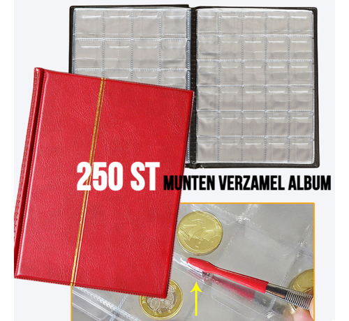 Allernieuwste.nl Allernieuwste.nl® Muntenalbum voor 250 Munten met Bescherm-rand tegen Uitvallen - Beginset Muntalbum - kleur album Rood