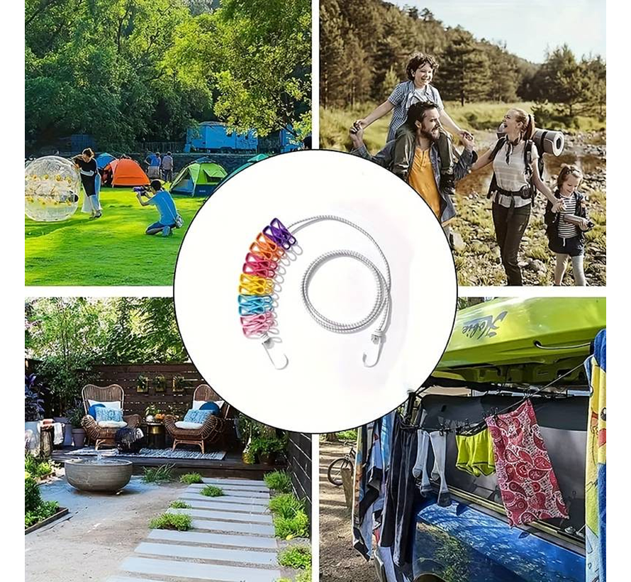 Allernieuwste.nl® Op Reis Draagbare Uittrekbare Waslijn met 12 Gekleurde Wasknijpers voor Reizen Vakantie Hotel Outdoor - Elastische Waslijn 175-350 cm - Kleur %%